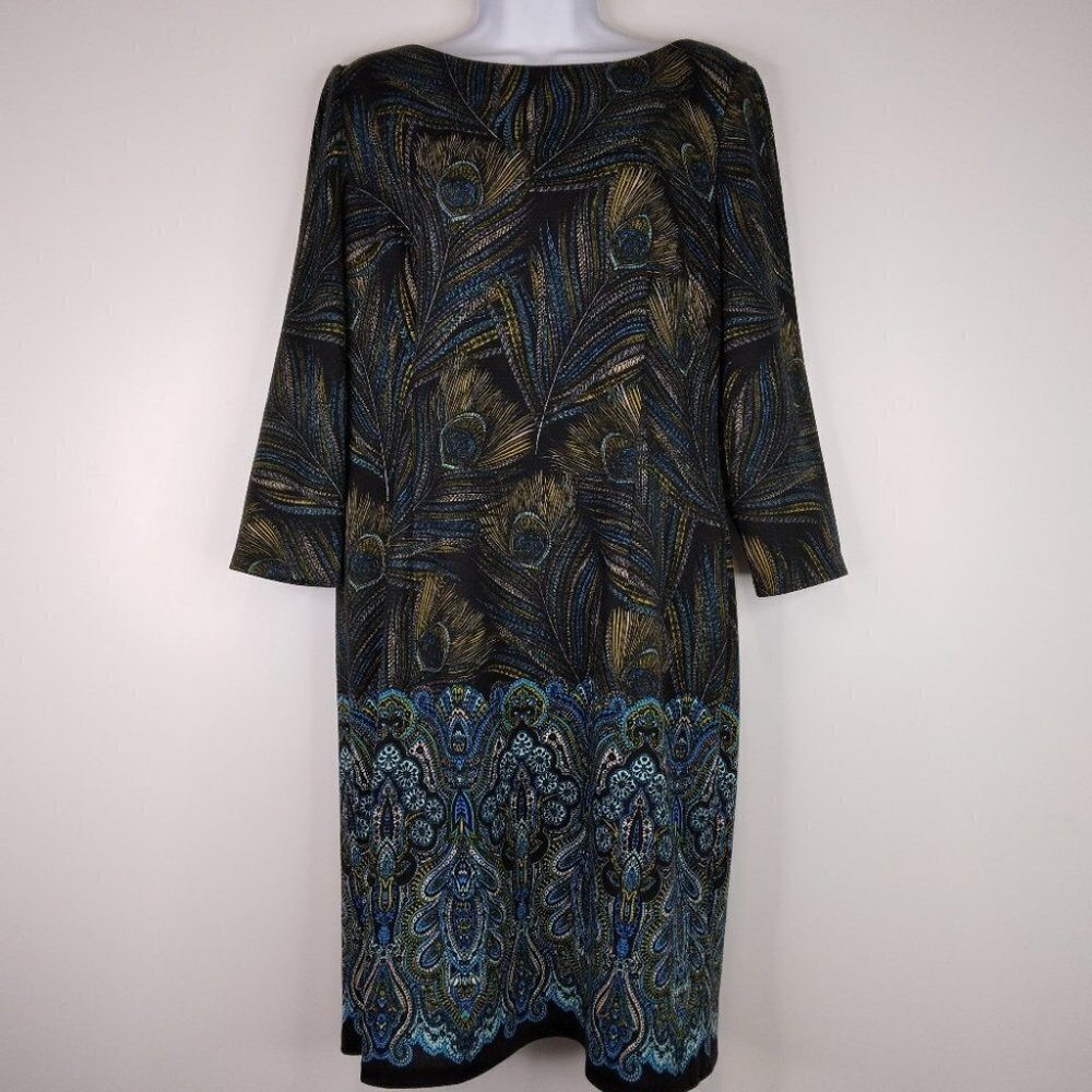 LONDON STYLE Black Blue Paisley Peacock Feather Stretch Dress Size 14